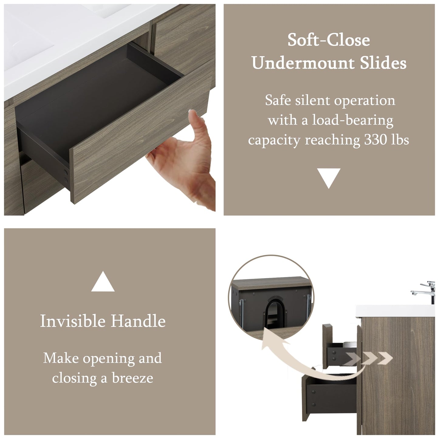 KEIKI 60'' Wall-Mounted Bathroom Vanity with Double Sinks - Floating Design, 2 Soft-Close Drawers & Doors & Resin Basin, Space-Saving for Small Bathrooms, Ash Grey