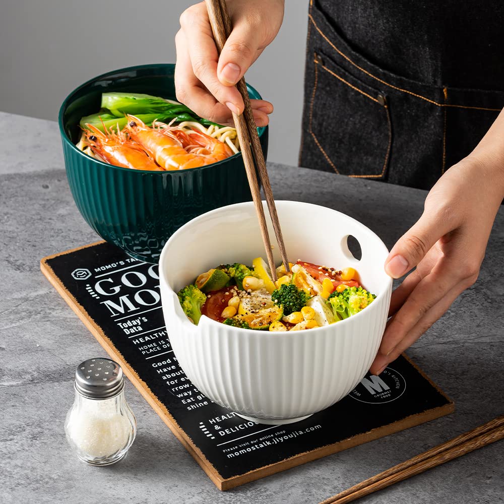 KAMAIDI Ceramic Ramen Noodle Bowl with Matching Chopsticks, Soup Bowls for Udon Soba Pho Asian Noodles, Dishwasher and Microwave Safe, 28 oz (1-Bowl-Green)