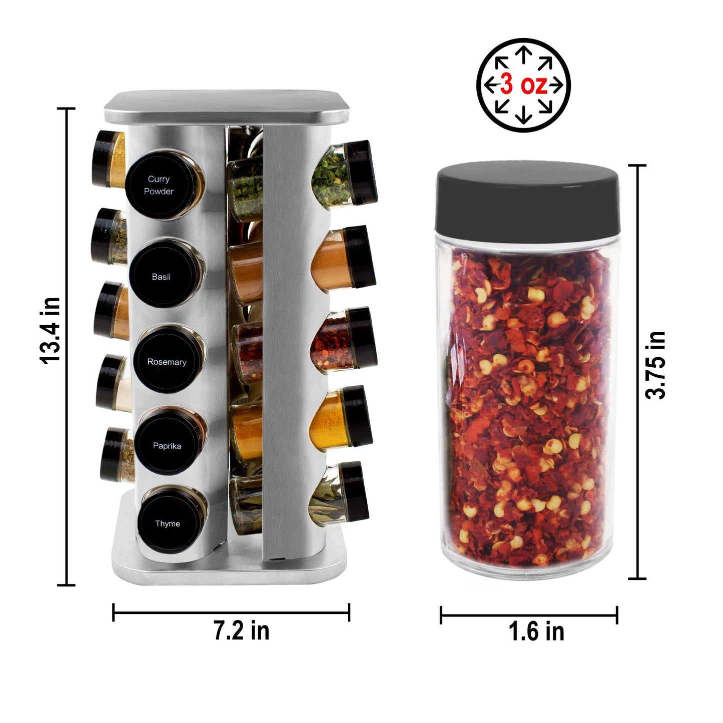 Orii 20 Jar Rotating Spice Rack with Spices Included & 5-Year Free Spice Refill Program – Stainless Steel Countertop Spice Rack with 3 oz Glass Jars