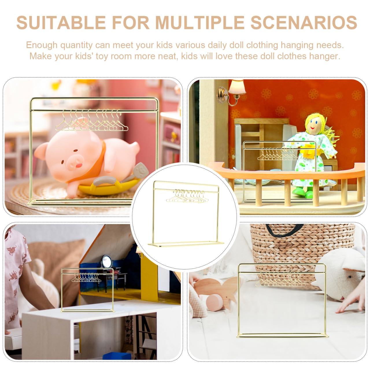 STOBOK Miniature Doll Garment Rack with 10Pcs Mini Clothes Hangers Mini Doll Dress Clothing Display Rack Metal Dollhouse Furniture Bedroom,Living Room,Shower Accessories Supplies, Golden 5.9x4.7in