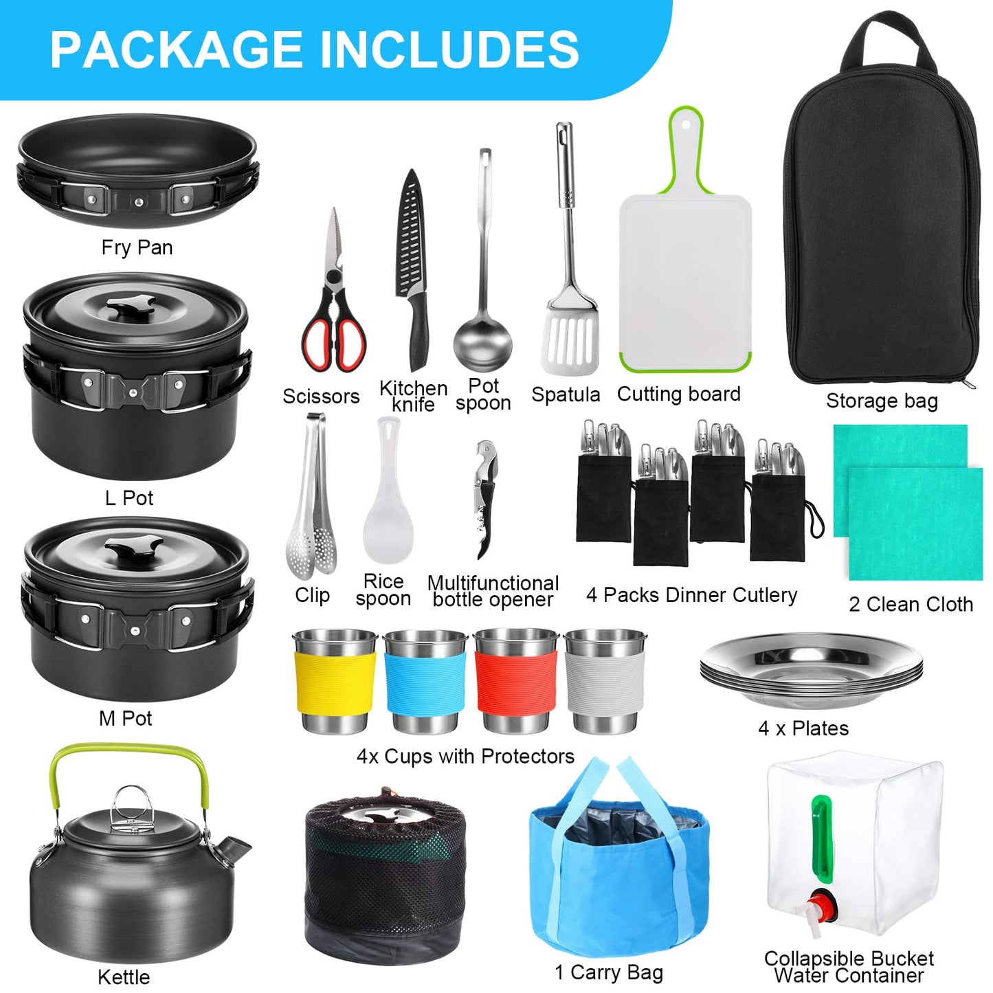 Gejoy 42 Pcs Camping Cookware Mess Kit, Non Stick Lightweight Pots Pan Kettle, Collapsible Water Container and Bucket, Stainless Steel Cups Plates Forks Knives Spoons for Outdoor Backpacking Picnic