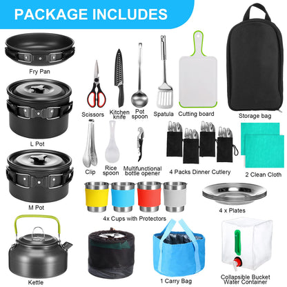 Gejoy 42 Pcs Camping Cookware Mess Kit, Non Stick Lightweight Pots Pan Kettle, Collapsible Water Container and Bucket, Stainless Steel Cups Plates Forks Knives Spoons for Outdoor Backpacking Picnic