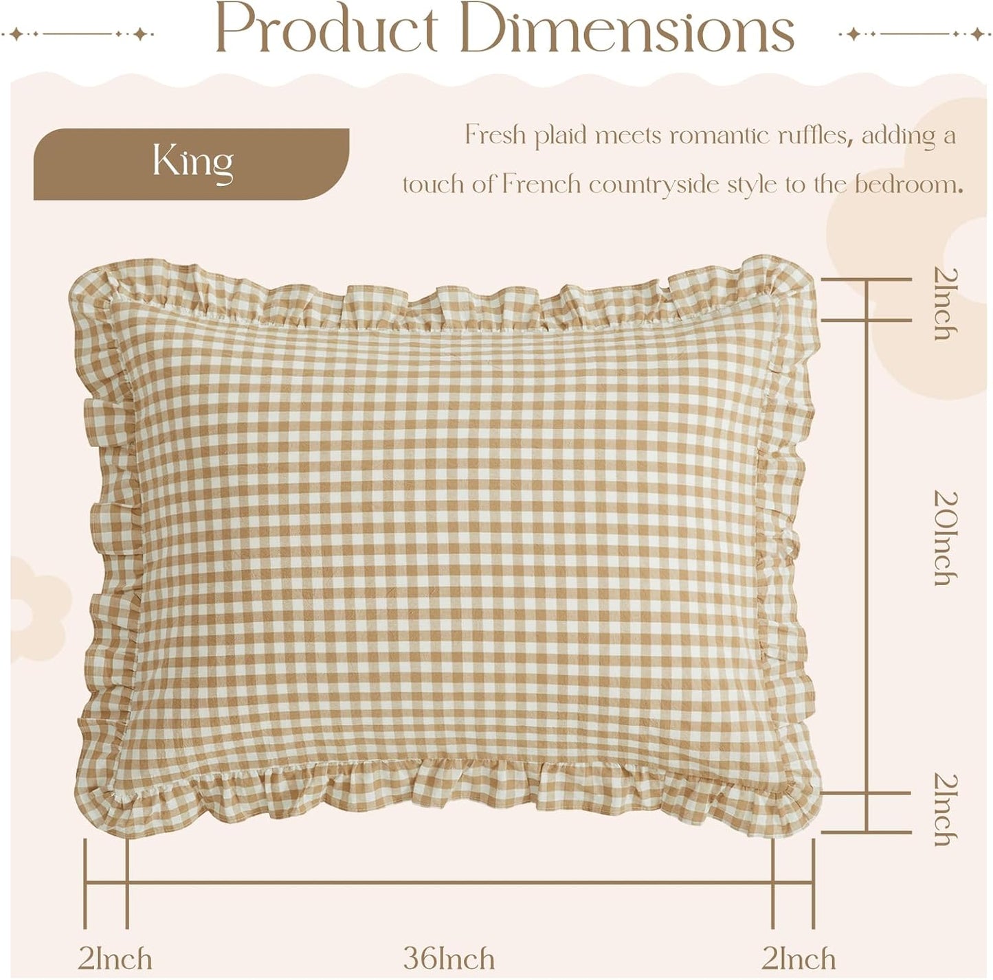 2 20x36 Inch, KKJIAF Pcs Plaid Ruffle Pillow Case King Size, Ruffled Gingham Cotton Pillowcases Linen Feel Plaid Bed