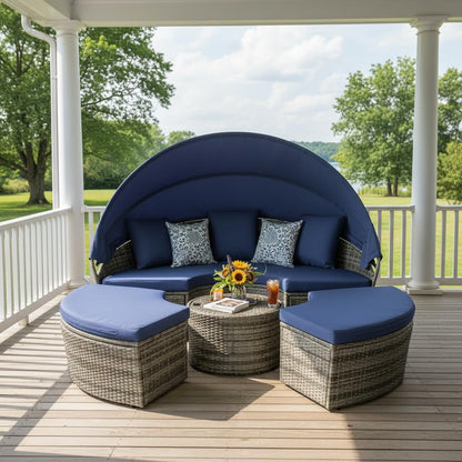 Tangkula Outdoor Round Daybed with Retractable Canopy, PE Wicker Sectional Seating Furniture with Cushions and Throw Pillows, Separates Cushioned Seats for Backyard, Poolside (Navy)