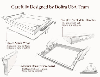 Dofira Acacia Wood Serving Tray with Metal Handles, 17x13in Food Drinks Tray for Coffee Table, Breakfast, Dinner & Bar, Rustic Decorative Storage Tray for Ottoman, Kitchen, Elegent Gift for Mom