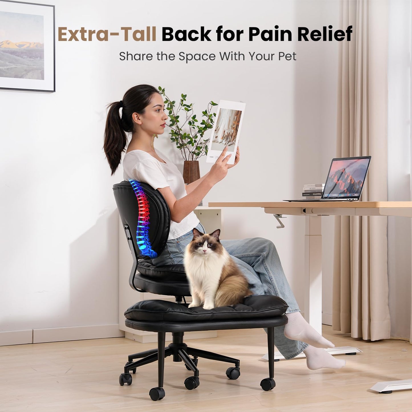 HOMRELEXA Extra-Wide & Tall Cross-Legged Office Chair – Deeply-Padded Cloud Seat, Ergonomic Back Support, Adjustable Height for ADHD & Meditation, Black