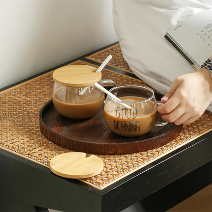 TREEWOO GOOD MORNING Clear Mug For Coffee Dessert Milk Tea Yogurt, Set of 2, Round Glass Cup Handgrip Drinkware With Bamboo Lid Tulip Ceramic Spoon (2 Black Letters Cup)
