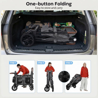 BABY JOY Wagon Stroller for 4 Kids, Foldable Stroller Wagon with Removable Canopy, Adjustable Handle, Snack Tray, Parent Organizer, 5-Point Safety Harness, Convertible Diaper Bag/Changing Pad (Gray)