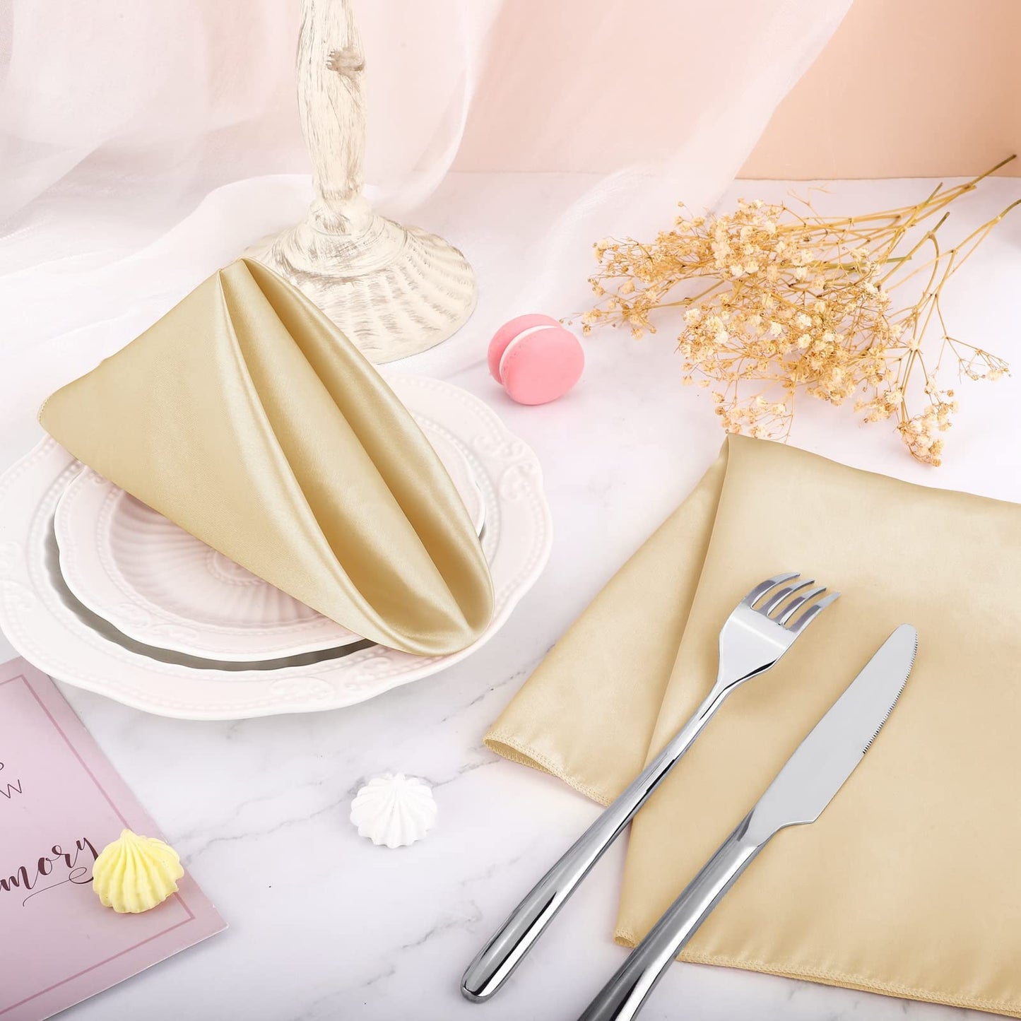 Aneco 16 Pack Square Satin Napkin Bright Silk Table Napkin Soft Smooth Fabric Table Napkin for Wedding Banquet Party Decoration, Champagne, 17 x 17 Inch