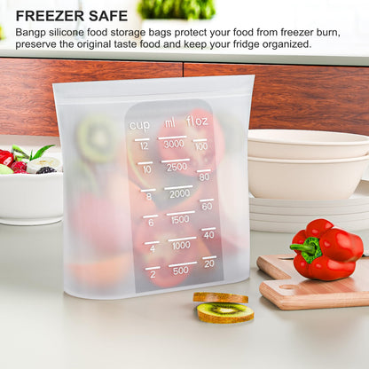 Bangp Premium Silicone Reusable Food Storage Bags,4 Pack,Stand-Up Bottom,Multi-Use Food Freezer Bag,Reclosable Silicone Bags for Marinate Meats,Salad Fruit,Home Organization,Leak-free,Dishwasher Safe