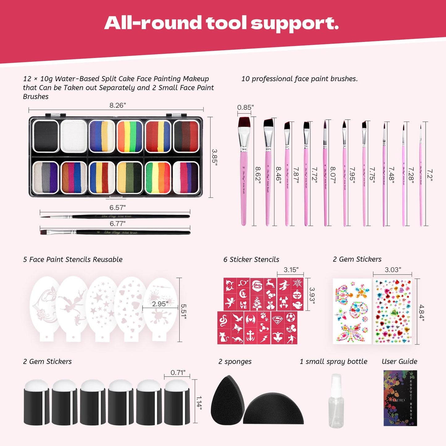 Professional Face Painting Kit for Kids Adults-12*10g Non Toxic Water Activated Face Paint Kit With Brushes,Stencils，Gem Stickers;Halloween,Carnival;Water Based Facepaint Makeup Kit for Kids Party