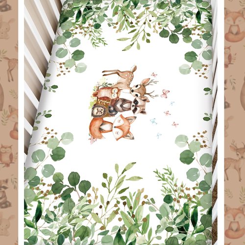 Hahafelt 3 Pcs Baby Crib Bedding Set Safari Animals Dinosaurs Bear Woodland Animals Jungle Crib Set Includes Quilt, Fitted Sheet, Skirt for Baby Boy Girl(Green,Woodland Raccoons Deer Etc.)