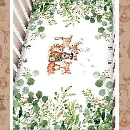 Hahafelt 3 Pcs Baby Crib Bedding Set Safari Animals Dinosaurs Bear Woodland Animals Jungle Crib Set Includes Quilt, Fitted Sheet, Skirt for Baby Boy Girl(Green,Woodland Raccoons Deer Etc.)
