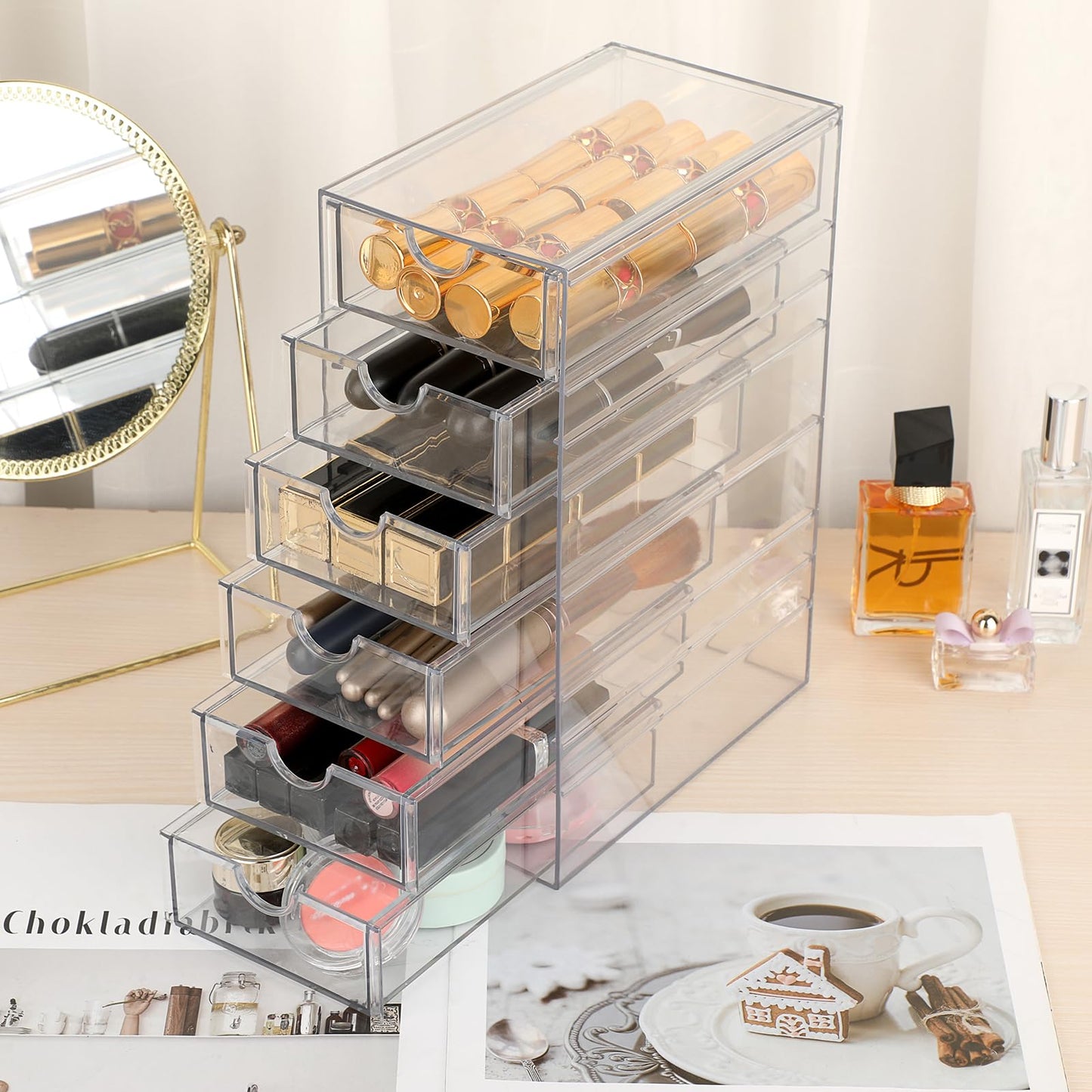 Hipiwe Plastic Drawer Organizer Clear Desktop Drawers Box with 6 Pull Out Drawer Compact Storage Box for Cabinet Vanity Bathroom Bedroom Pantry Shelf Office Closet Organization