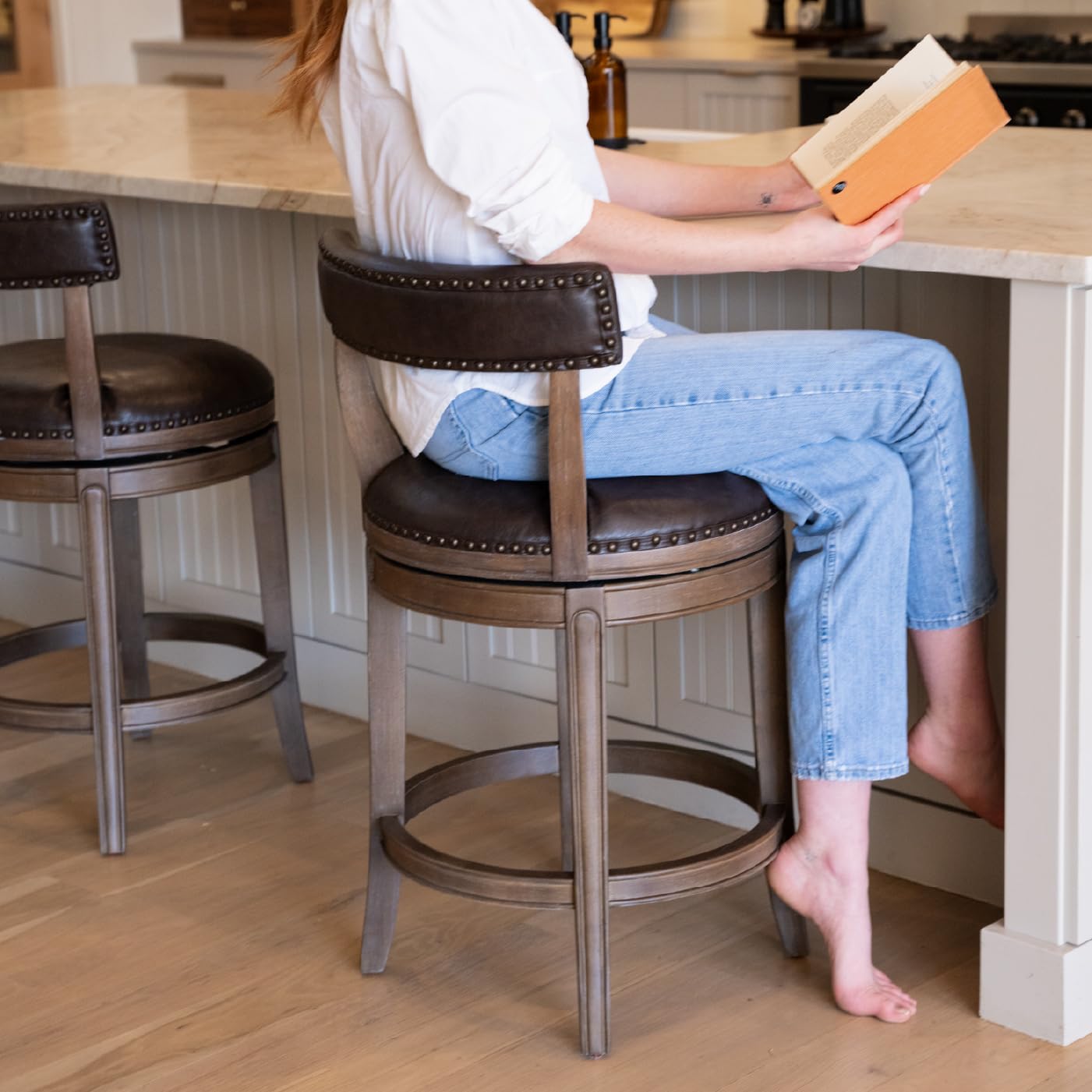 Maven Lane Alexander Counter Stool 26 Inches – Swivel Stool with Footrest – Brown Solid Wood and Brown Faux Leather Upholstery – Perfect for Kitchen Island and Counter