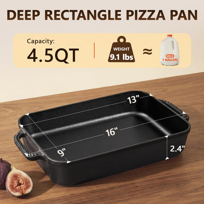 Lvmol Cast Iron Detroit Pizza Pan - 9x13 Inch Pre-Seasoned Deep Baking Dish for Casserole, Focaccia, Lasagna