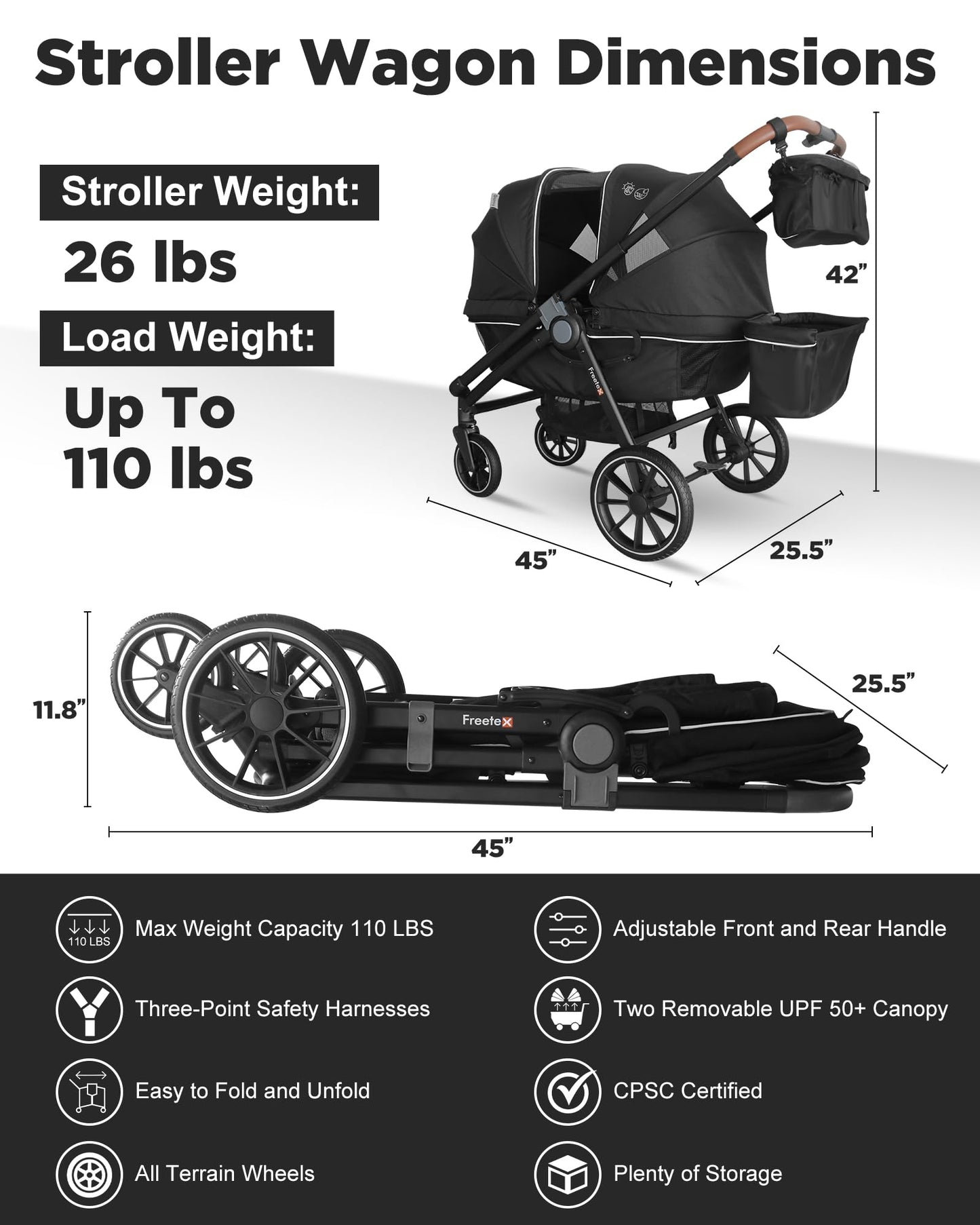 Freetex Wagon Stroller for 2 Kids, Double Seat, All-Terrain with Removable UV-Protection Canopy, Adjustable Push/Pull Handle, Cup Holders & Snack Tray for Baby and Toddler
