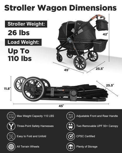 Freetex Wagon Stroller for 2 Kids, Double Seat, All-Terrain with Removable UV-Protection Canopy, Adjustable Push/Pull Handle, Cup Holders & Snack Tray for Baby and Toddler