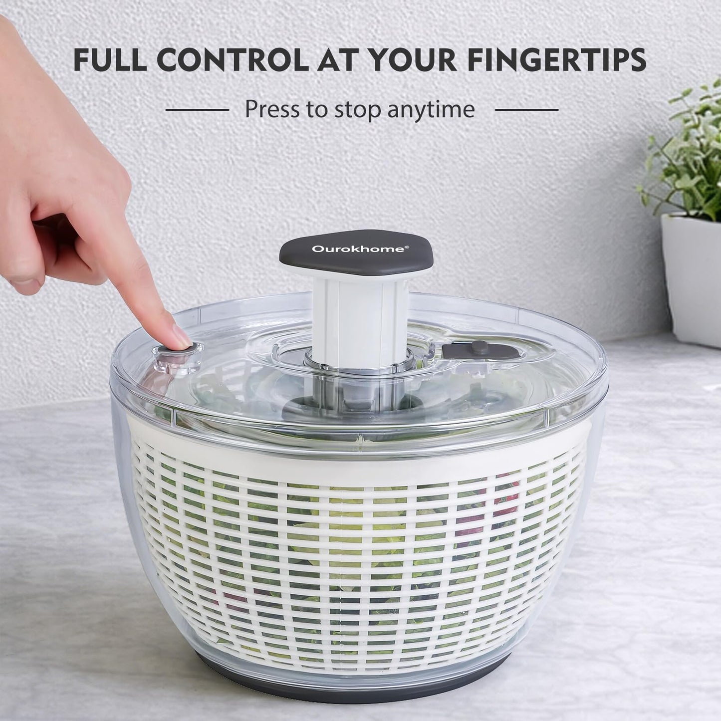 Ourokhome 6.3 QT Salad Spinner with Fully Removable Lid, Large Lettuce Dryer with One-Hand Press Pump, Instant Stop Brake Button and Retractable Handle, Vegetable Washer & Spinner for Greens and Herbs