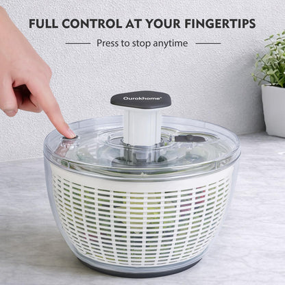 Ourokhome 6.3 QT Salad Spinner with Fully Removable Lid, Large Lettuce Dryer with One-Hand Press Pump, Instant Stop Brake Button and Retractable Handle, Vegetable Washer & Spinner for Greens and Herbs