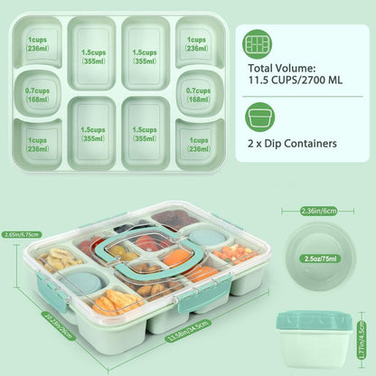 Caperci Original Snackle Box Container - 10-Compartment Divided Snack Serving Tray with Lid & Handle, Built-in 2 Dressing Containers, Leak-Proof, Dishwasher Safe, BPA-Freen (Mint Green)