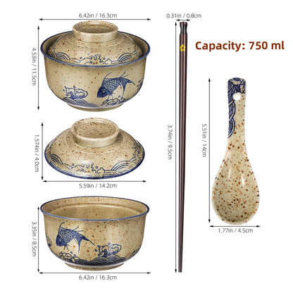 CALLARON 26 oz Ceramic Ramen Bowl, Japanese Noodle Bowls Set of 2, Large Soup Bowl with Lid, Spoons and Chopsticks, Vintage Ramen Dish for Pho, Udon, Noodles, 6 inch, Microwave Dishwasher Safe