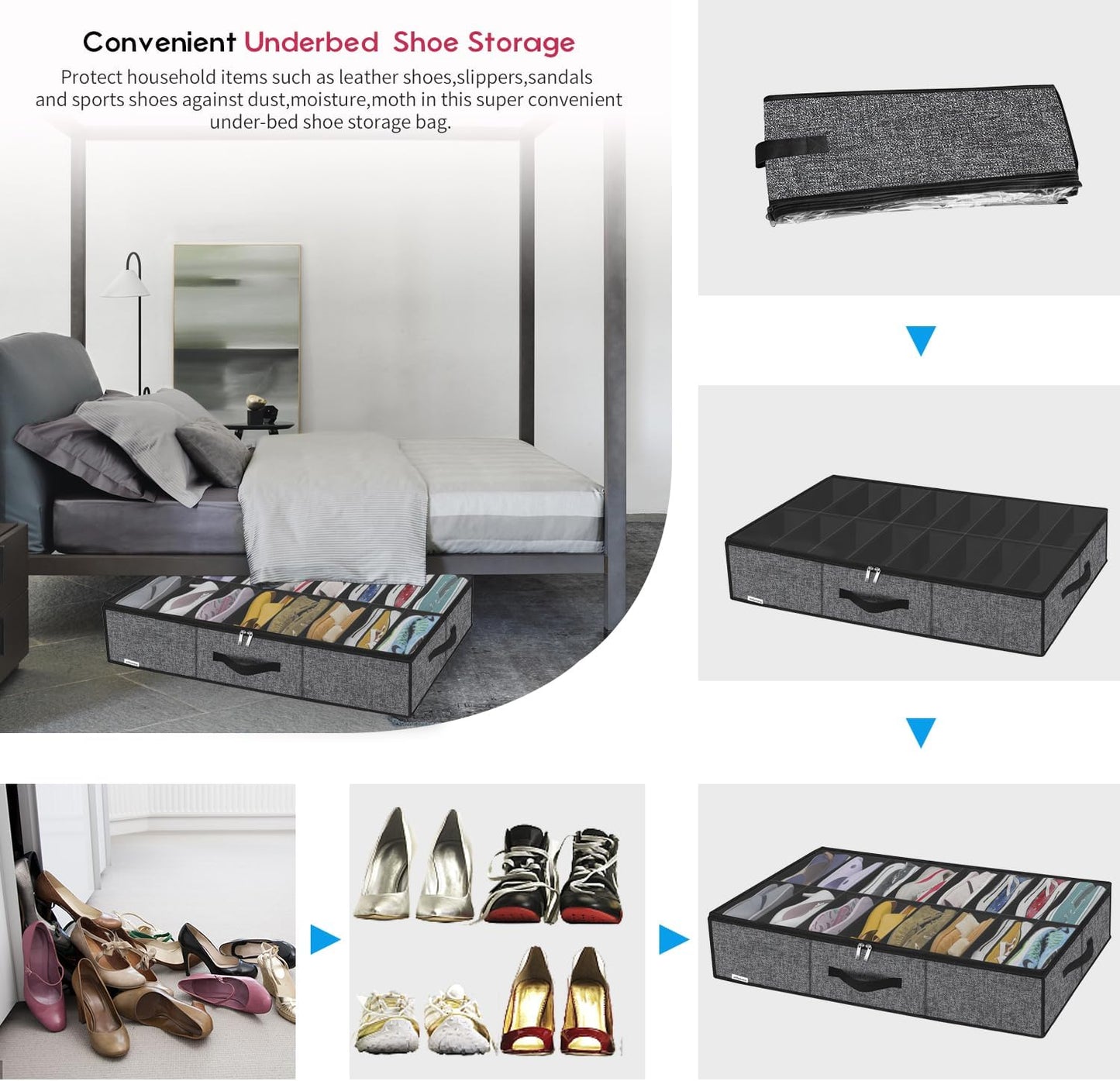 16 32 Closet, 37.7x 23.6x 5.9 inch, MXBUBS16P2 Onlyeasy Sturdy Under Bed Shoe Storage Organizer with Handles and Clear