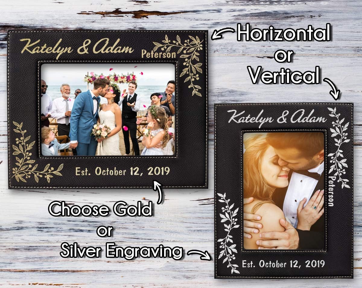 Personalized Newlywed Couples Leather Picture Frame - 7x5 Engraved Wedding Anniversary Gift