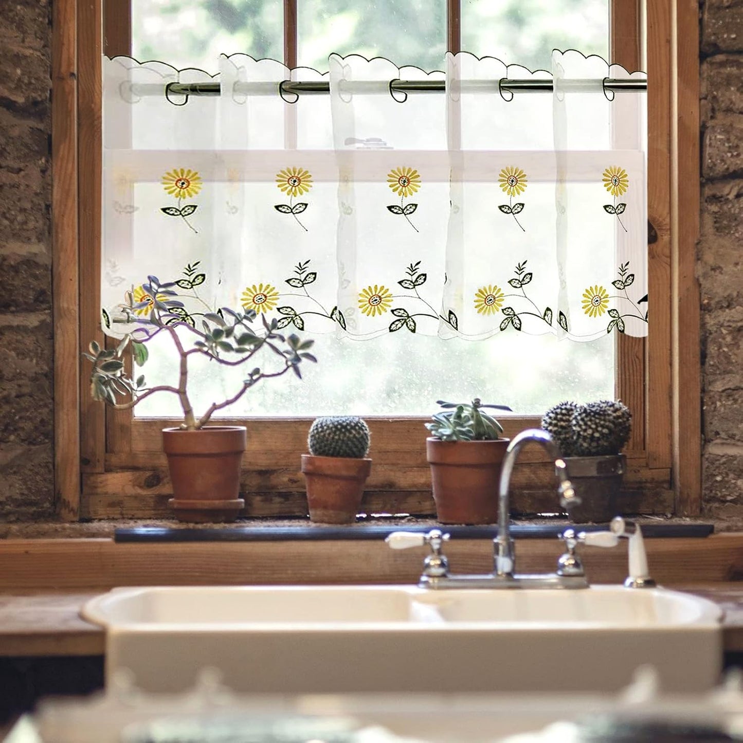 ZHH Sheer Embroidery Valance for Window with Daisy - Short White Kitchen Curtain, 1 Panel, 17x70inch