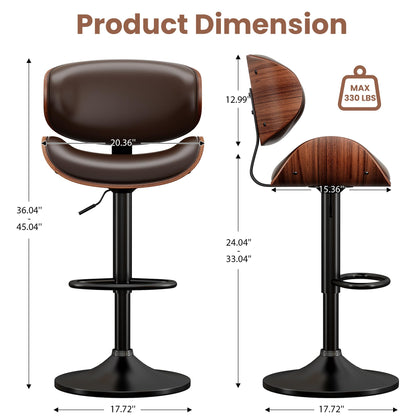 YaFiti Bar Stools Set of 3, Bentwood Adjustable Height Swivel Bar Stools, PU Leather Upholstered Bar Chair with Back and Footrest for Bar, Kitchen, Dining Room, Brown
