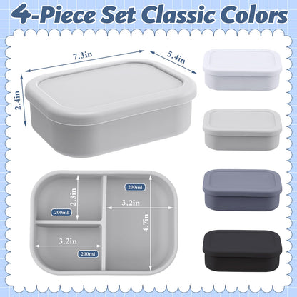 Honeydak 4 Pcs Silicone Bento Box for Adults, 3 Compartment Lunchable Food Container for Women Men, Leak Proof Microwave Dishwasher Freezer Safe (White,Grey,Dark Grey,Black)