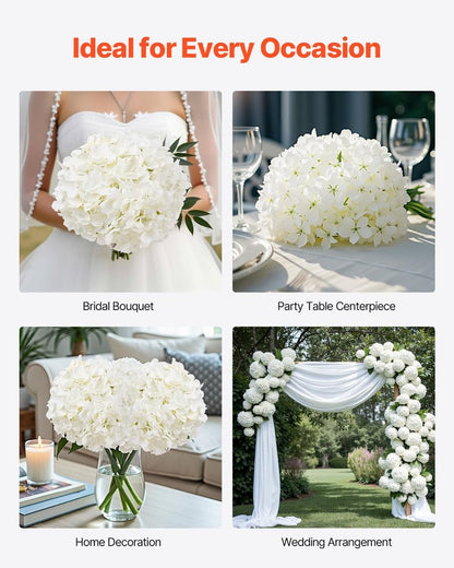 VEVOR Artificial Flowers, 205 pcs Real Looking White Silk Fake Hydrangea Bulk, White Faux Bridal Shower with Stems for DIY Wedding Bouquets, Home Centerpieces Arrangements, Party Tables Decorations