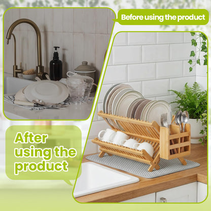 Chicmount 6 Pcs Dish Drying Rack Set 2 Tier Bamboo Collapsible Dish Rack with Utensil Holder Plate Holder and Mat for Kitchen Organizer, Cabinet Pot Lid, Bowl, Cup, Chopsticks, Utensils