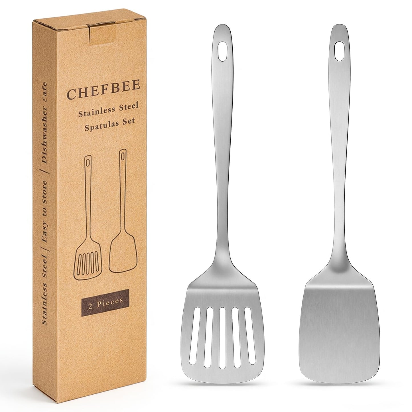 ChefBee 2PCS Metal Spatula Set - Stainless Steel Spatula Solid & Slotted Turner Flipper for Kitchen Use, Heat Resistant Kitchen Cooking Utensils for Flipping Fish, Eggs, Pancakes, Dishwasher Safe