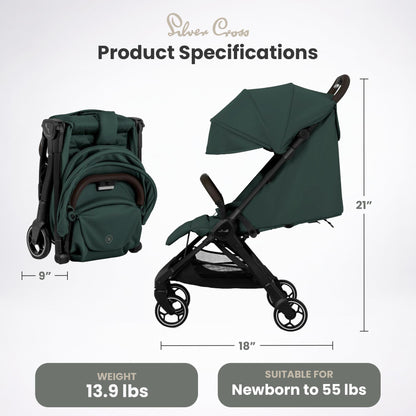 Silver Cross Clic Compact Travel Stroller – (Conifer) – Lightweight Baby Stroller for Airplane Travel – One-Hand Fold, Lie-Flat Infant & Toddler Seat – Birth to 55 lb