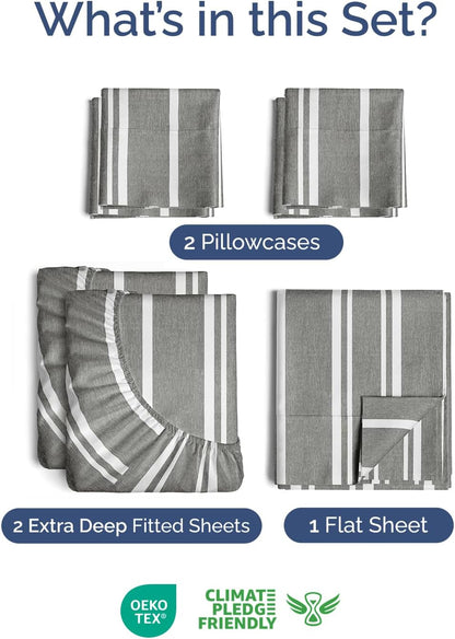 Skiennix Extra Deep Split King Sheet Set - 7 Piece Cooling Bedding - Soft, Wrinkle-Free Grey Stripes