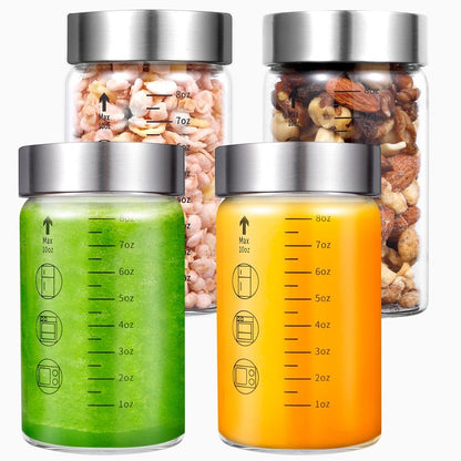 WXCWYQR Glass Juice Bottles with Lids, 10 Oz Wide Mouth Glass Water Bottles, for Juicing, Protein, Smoothie, Milk, BPA Free, Stainless Steel Lids, Shaker Bottles (10 Oz / 4 Pack)