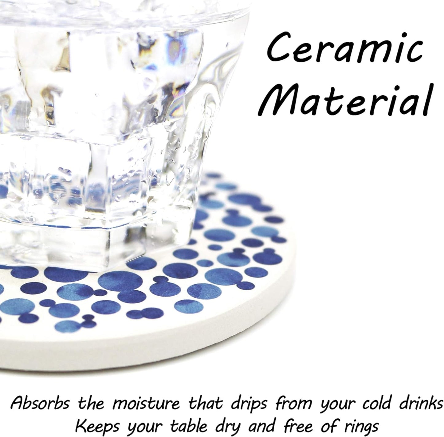AD Set of 6 Absorbing Round Ceramic Coasters with Cork Base, Tabletop Protection Mat for Mugs & Cups (Indigo Blue)