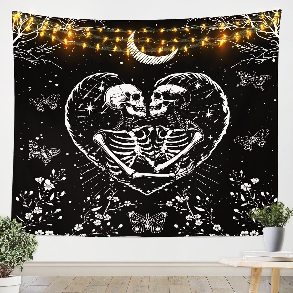 Homewish Couple Skeleton Tapestry,Black White Moon Starry Sky Wall Hanging Art,Butterfly Flower Wall Blankets for Kids Girls Teens Room Decor,Gothic Exotic Lover Porch Hangings,59.1x59.1