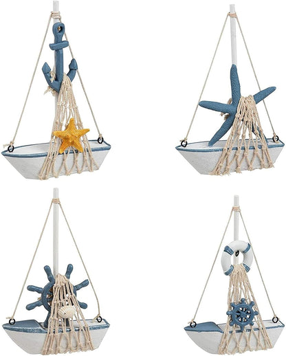 Sailboat 4 Pack, 4.4 6.8 1.25 Sailboat Juvale Mini Wooden Models for Nautical Decor - x x in, Blue & White - Coastal