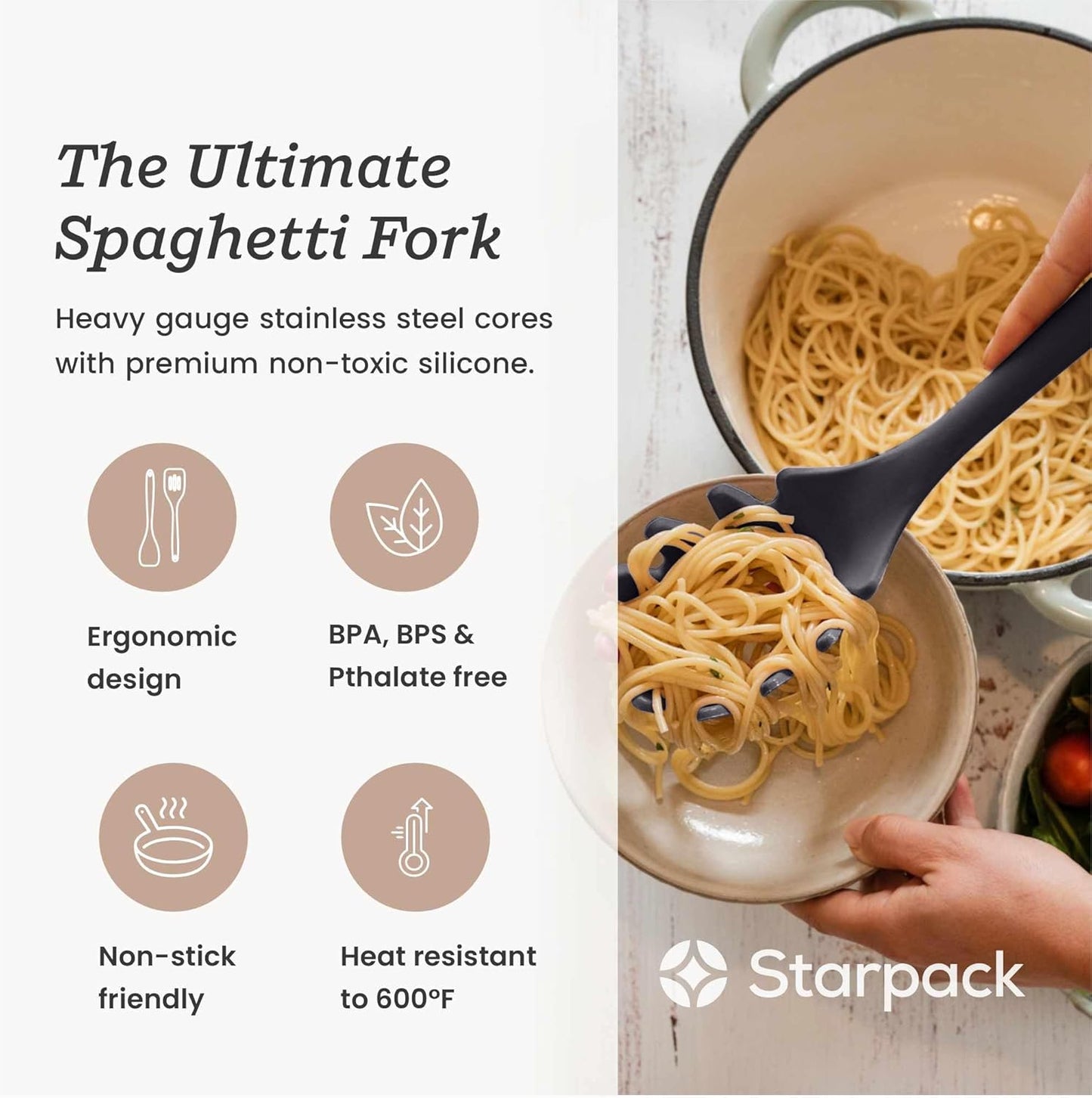 Starpack (13.5") 600F XL Premium Silicone Pasta Fork - Spaghetti Spoon High Heat Resistant to - Silicone Pasta Spoon