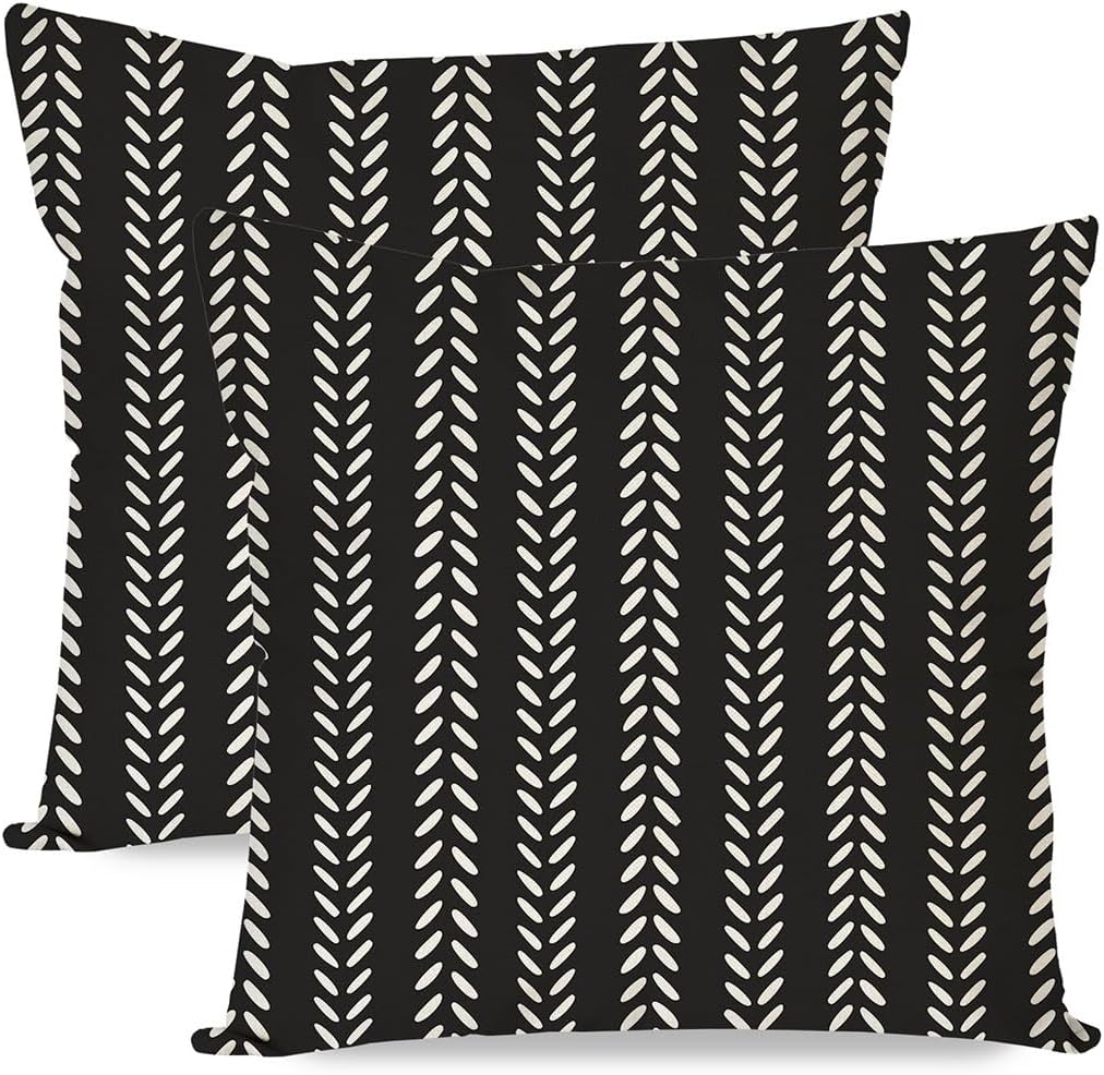 18x18 Inch Set 2, PANDICORN Outdoor Throw Pillow Covers of Black Geometric Chevron Herringbone Striped Pattern, Modern