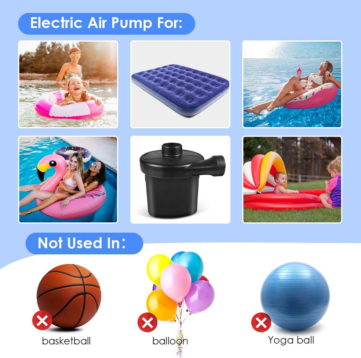 High Power Electric Air Pump Inflator & Deflator Valve with 3 Nozzles, 1.2PSI Fast Filling for Air Mattress, Rafts,