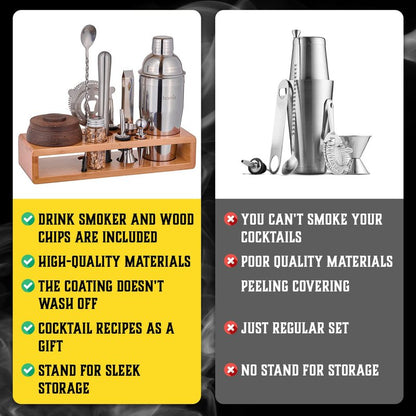 Bartender Kit with Whiskey Smoker - 13 pcs, Bamboo Stand - Bar Set with Cocktail Shaker, Bartending Kit with Essential Bar Accessory Tools, Wood Chips, Black Matte