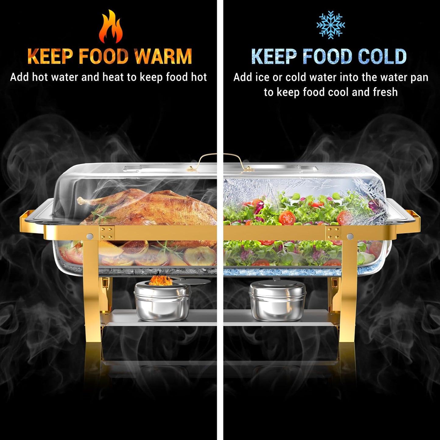 Keyoxy Chafing Dishes for Buffet, 8 Qt High Grade Chafing Dish Buffet Set, Rolled-Edge Design Food Warmers for Parties, Buffet, Wedding, Birthday, Camping 4 Pack 4 Pans [Half Gold]