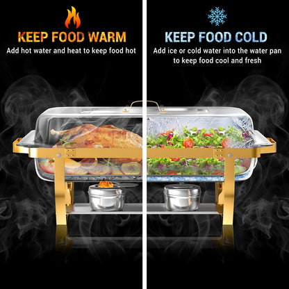 Keyoxy Chafing Dishes for Buffet, 8 Qt High Grade Chafing Dish Buffet Set, Rolled-Edge Design Food Warmers for Parties, Buffet, Wedding, Birthday, Camping 4 Pack 4 Pans [Half Gold]