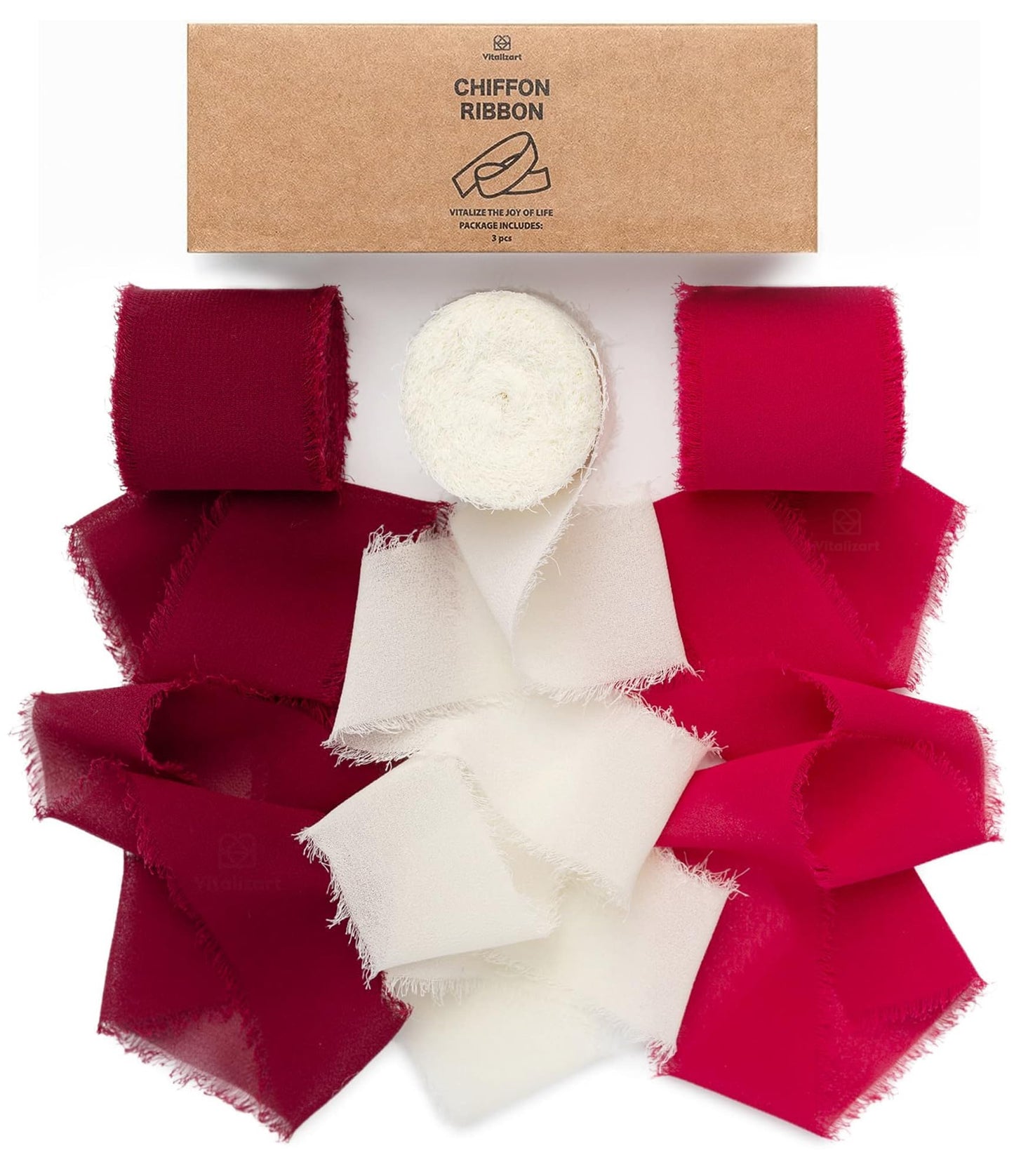 Vitalizart Red Handmade Chiffon Silk Ribbon Fringe 1.5" x 21 Yd Frayed Edges Ribbons for Wedding Invitations Bridal Bouquets Gifts Wrapping Crafts Holiday Party Decorations