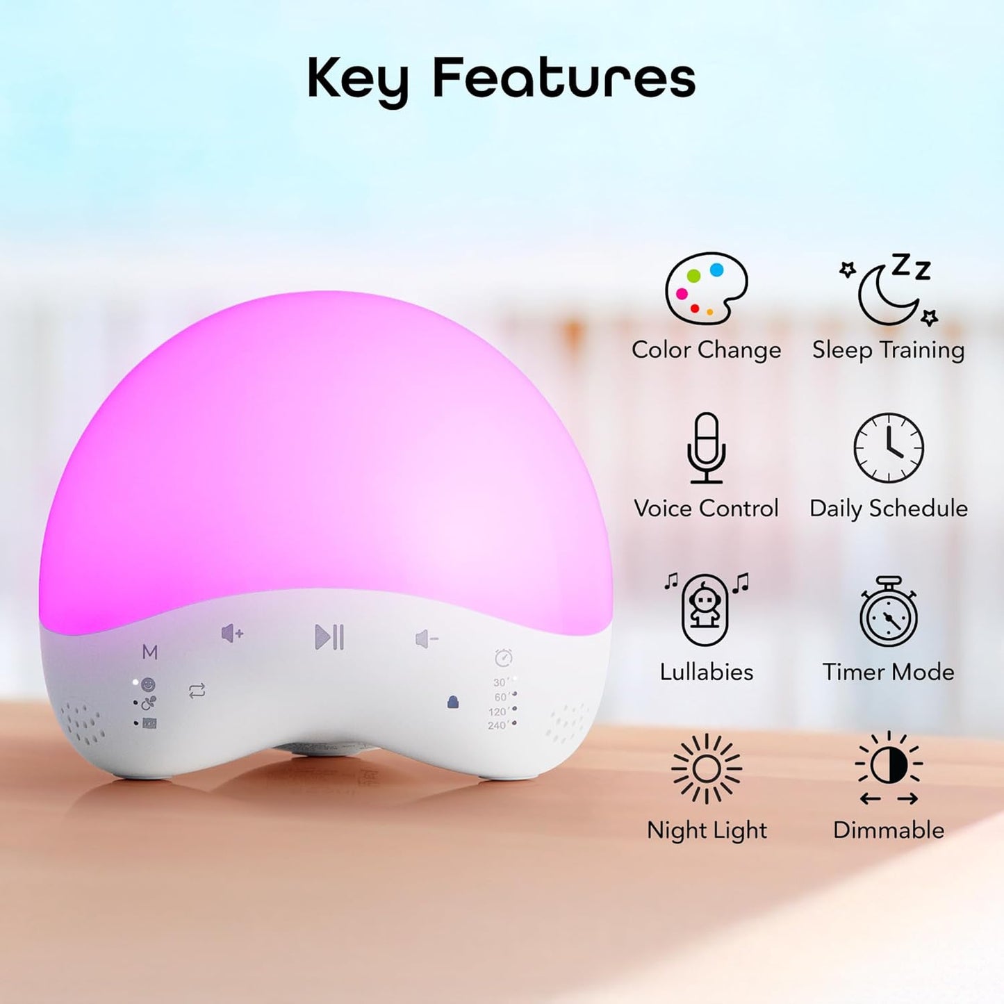 25 Geeni Rise and Shine Baby White Noise Machine with Night Light, Soothing Sounds, RGB Colors, Customizable Sleep