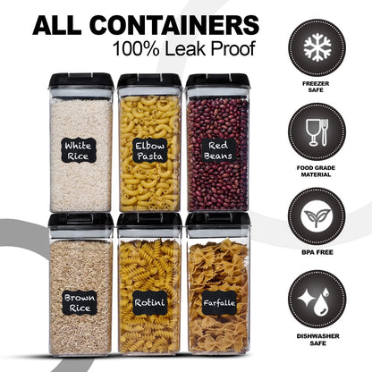Shazo Airtight Food Storage Containers with Lids - 6 PC BPA Free Clear Plastic Cereal Containers with Easy Lock Lids for Kitchen and Pantry Organization for Snacks and Pasta - 1.2L