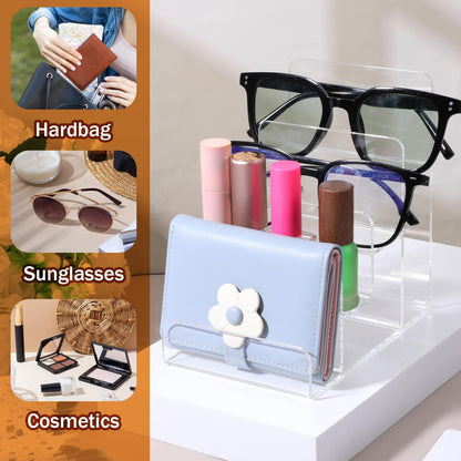 Giantree 2 PCS 4 Tier Acrylic Wallet Display Stand, Clear Purse Handbag Organizer Jewelry Riser Display Stand 7.8" Clear Multi Slot Counter Table Shelf for Cosmetic Perfume Sunglasses